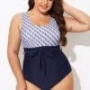 Shell Print Round Neck Belt One Piece Swimsuit