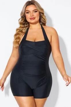 Black Ruched Panel Halter Women One Piece Swimsuit -Bikini By Muse b deop303001 4