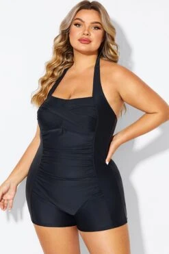 Black Ruched Panel Halter Women One Piece Swimsuit -Bikini By Muse b deop303001 5