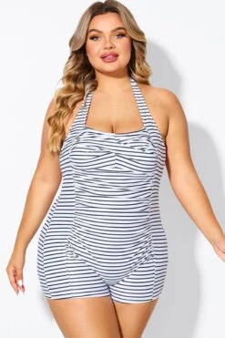 Striped Ruched Panel Halter Women One Piece Swimsuit 8 Striped Ruched Panel Halter Women One Piece Swimsuit -Bikini By Muse b deop303002 1