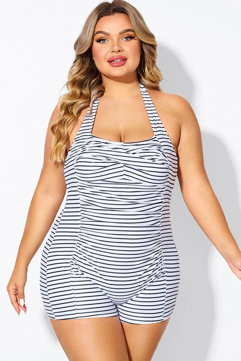 Striped Ruched Panel Halter Women One Piece Swimsuit 3 Striped Ruched Panel Halter Women One Piece Swimsuit - Image 3