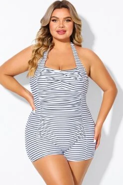 Striped Ruched Panel Halter Women One Piece Swimsuit 9 Striped Ruched Panel Halter Women One Piece Swimsuit -Bikini By Muse b deop303002 3