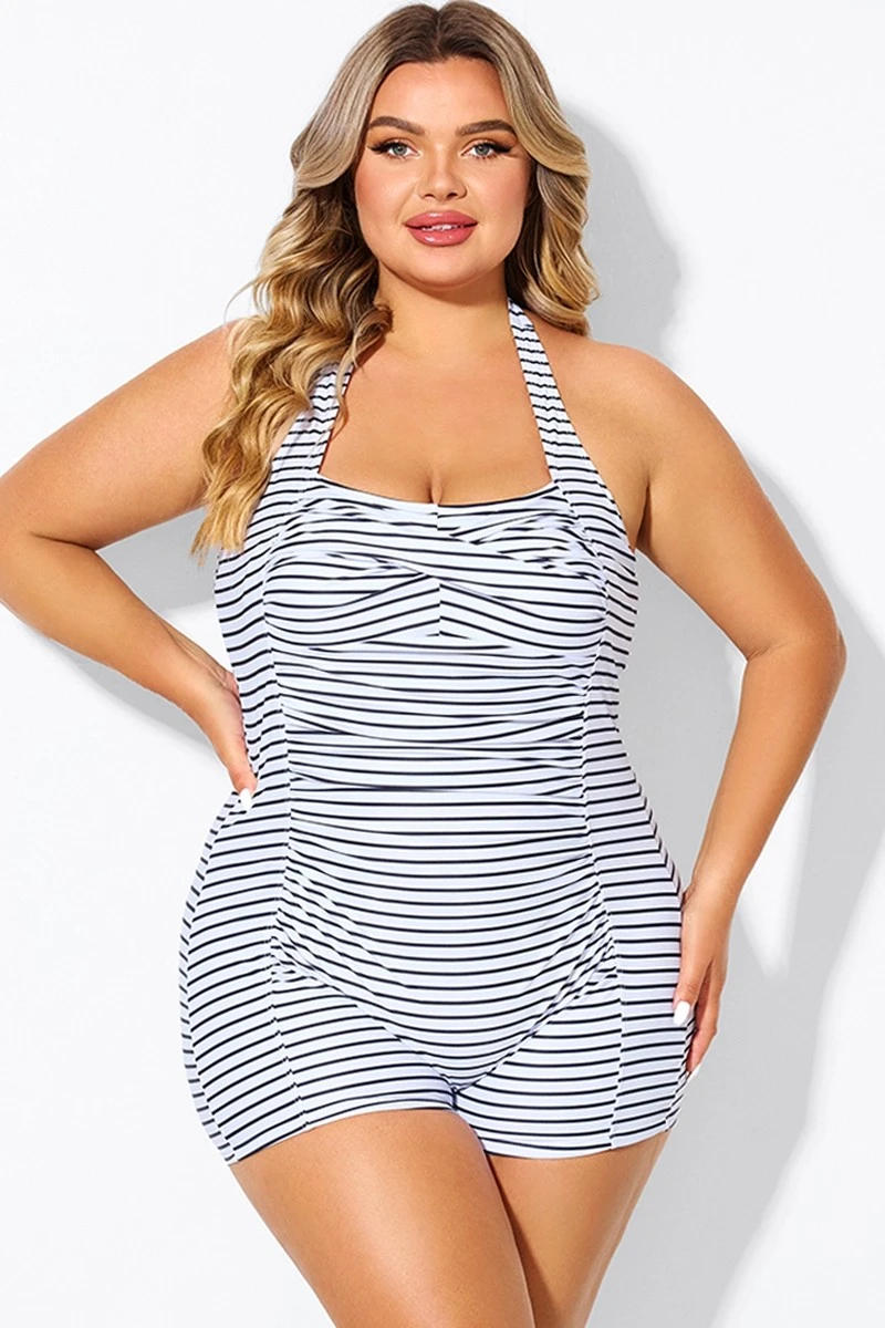 Striped Ruched Panel Halter Women One Piece Swimsuit 4 Striped Ruched Panel Halter Women One Piece Swimsuit - Image 4