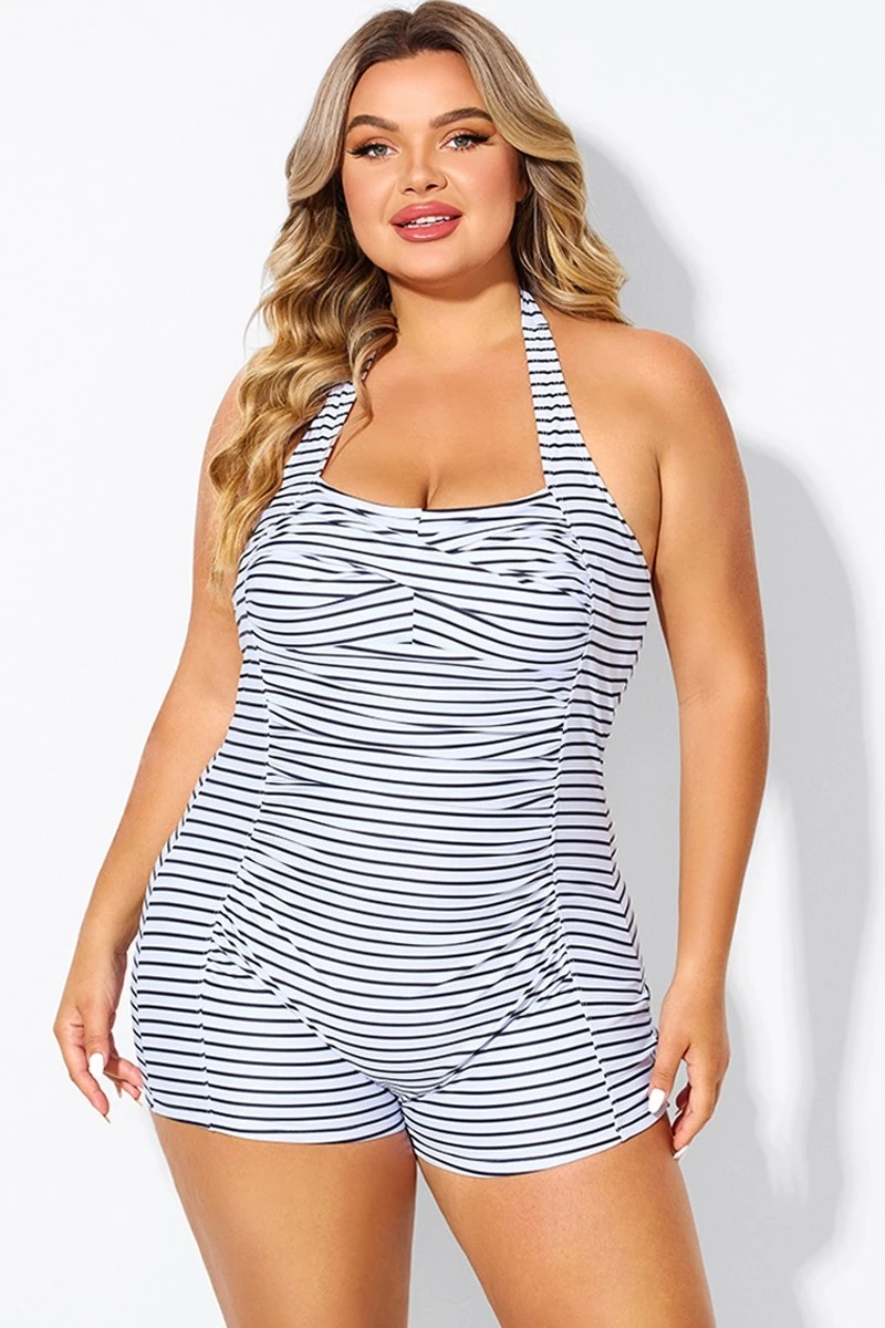 Striped Ruched Panel Halter Women One Piece Swimsuit 1 Striped Ruched Panel Halter Women One Piece Swimsuit