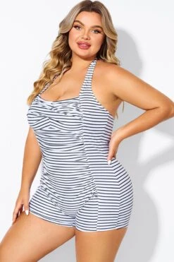 Striped Ruched Panel Halter Women One Piece Swimsuit 10 Striped Ruched Panel Halter Women One Piece Swimsuit -Bikini By Muse b deop303002 5