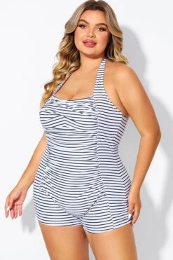 Striped Ruched Panel Halter Women One Piece Swimsuit 11 Striped Ruched Panel Halter Women One Piece Swimsuit -Bikini By Muse b deop303002 6