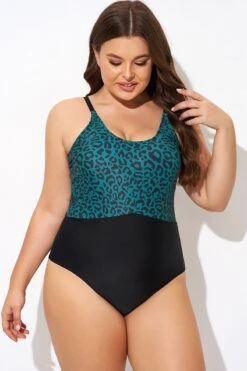 Green Leopard Print Back Cut Out One Piece Swimsuit -Bikini By Muse b deop306001 3