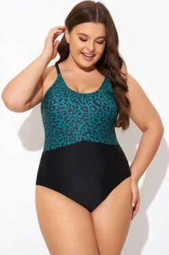 Green Leopard Print Back Cut Out One Piece Swimsuit -Bikini By Muse b deop306001 5