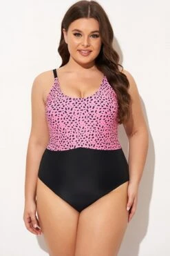 Pink Leopard Print Scoop Neck Front One Piece Swimsuit -Bikini By Muse b deop306002 3