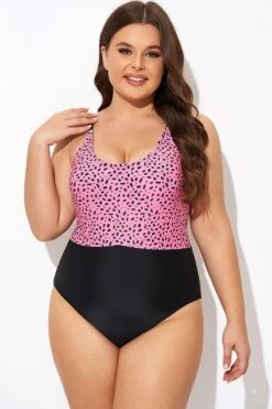 Pink Leopard Print Scoop Neck Front One Piece Swimsuit -Bikini By Muse b deop306002 4