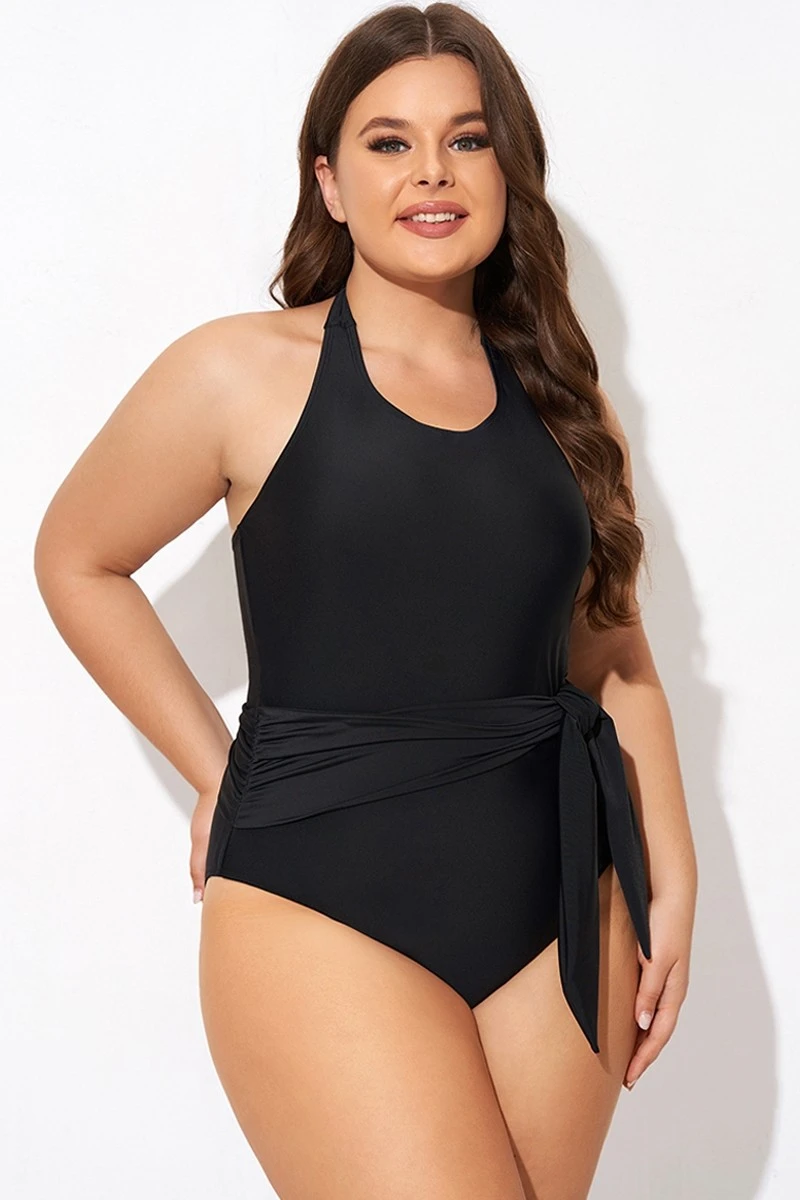 Black High-neck Halter Sash One Piece Swimsuit 1 Black High-neck Halter Sash One Piece Swimsuit