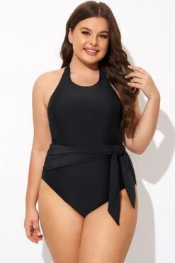 Black High-neck Halter Sash One Piece Swimsuit 10 Black High-neck Halter Sash One Piece Swimsuit -Bikini By Muse b deop308001 5
