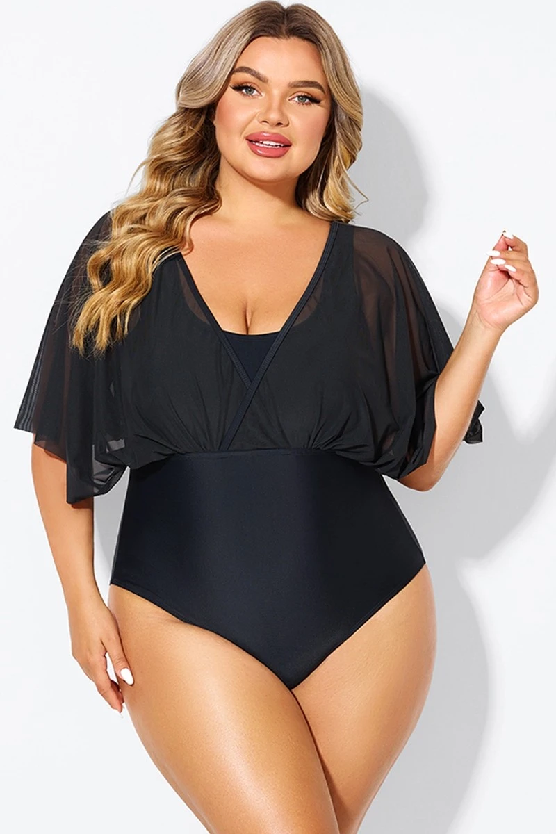 Solid Black Mesh Patchwork One Piece Swimsuit 3 Solid Black Mesh Patchwork One Piece Swimsuit - Image 3