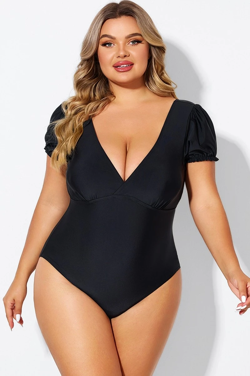 Black Wireless Puff Sleeves V-Neck One Piece Swimsuit 1 Black Wireless Puff Sleeves V-Neck One Piece Swimsuit