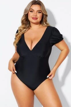 Black Wireless Puff Sleeves V-Neck One Piece Swimsuit 8 Black Wireless Puff Sleeves V-Neck One Piece Swimsuit -Bikini By Muse b deop311001 3
