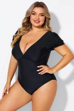 Black Wireless Puff Sleeves V-Neck One Piece Swimsuit 9 Black Wireless Puff Sleeves V-Neck One Piece Swimsuit -Bikini By Muse b deop311001 4