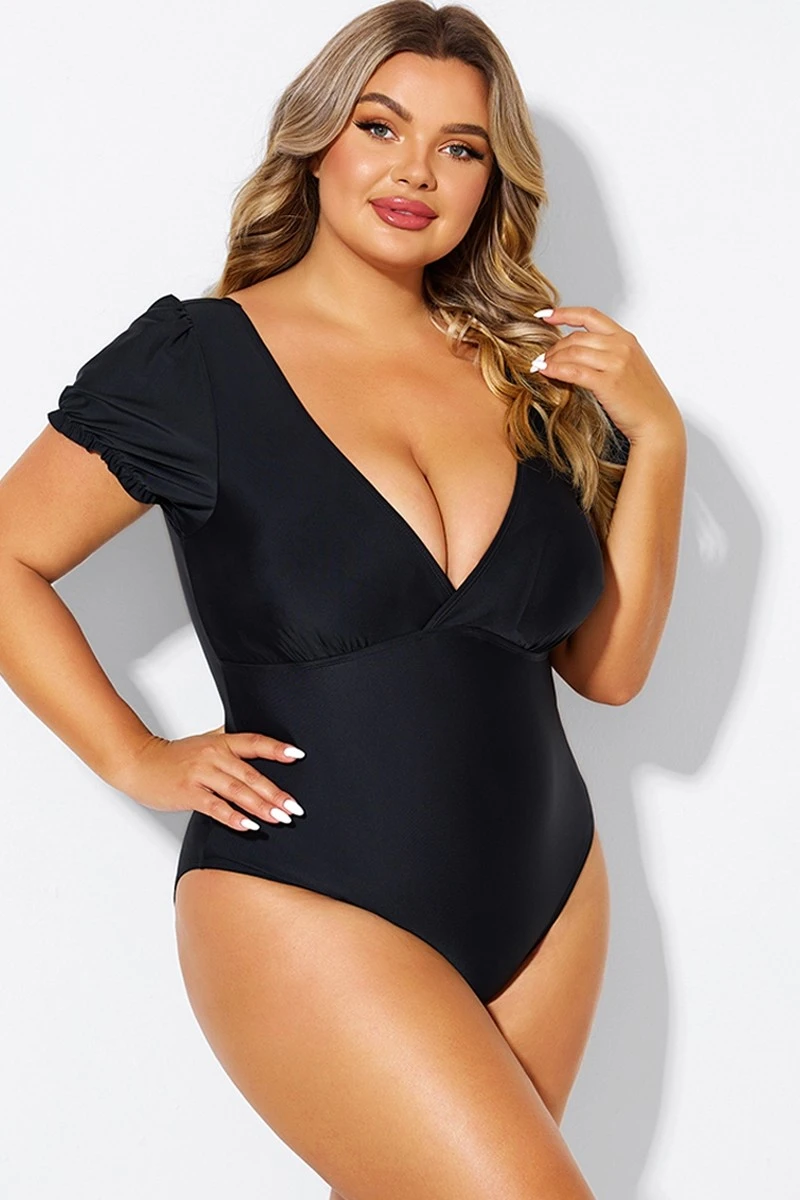 Black Wireless Puff Sleeves V-Neck One Piece Swimsuit 6 Black Wireless Puff Sleeves V-Neck One Piece Swimsuit - Image 6