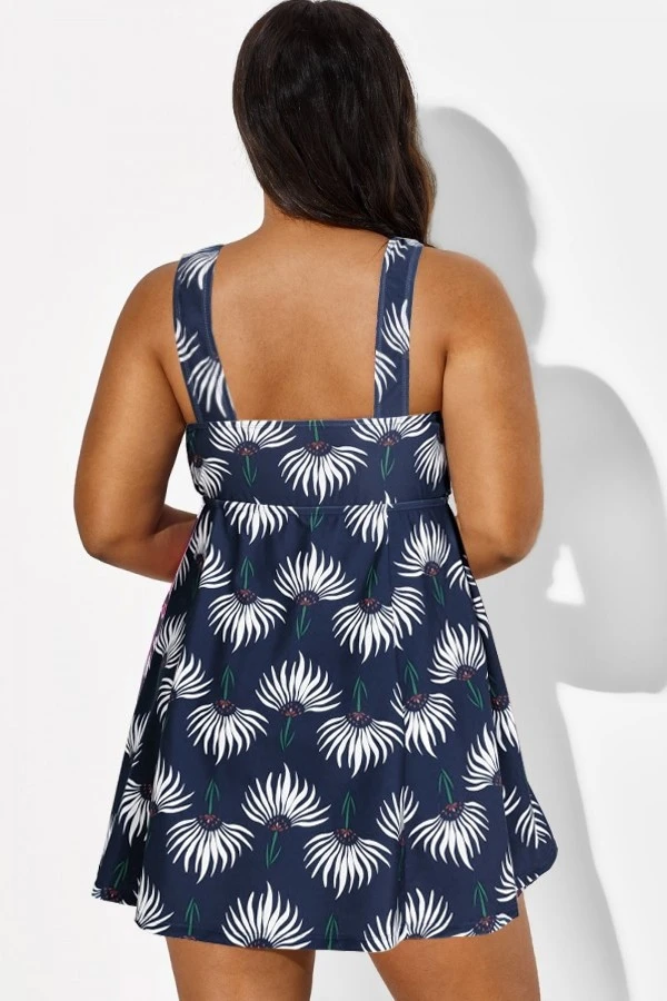 Dusty Blue Floral Print V-Neck Swimdress 2 Dusty Blue Floral Print V-Neck Swimdress - Image 2