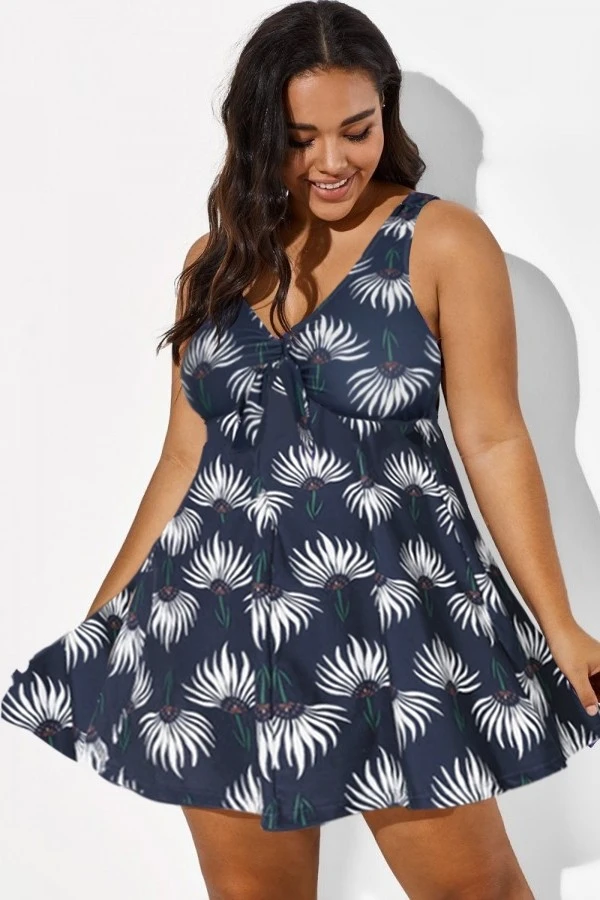 Dusty Blue Floral Print V-Neck Swimdress 4 Dusty Blue Floral Print V-Neck Swimdress - Image 4