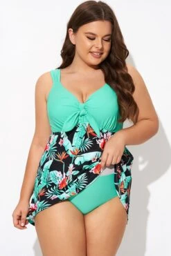 Green Flower Tie-front Wide Straps Swimdress -Bikini By Muse b desd001014 3