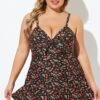 Cherry Printed Adjustable Straps V Neck Swimdress