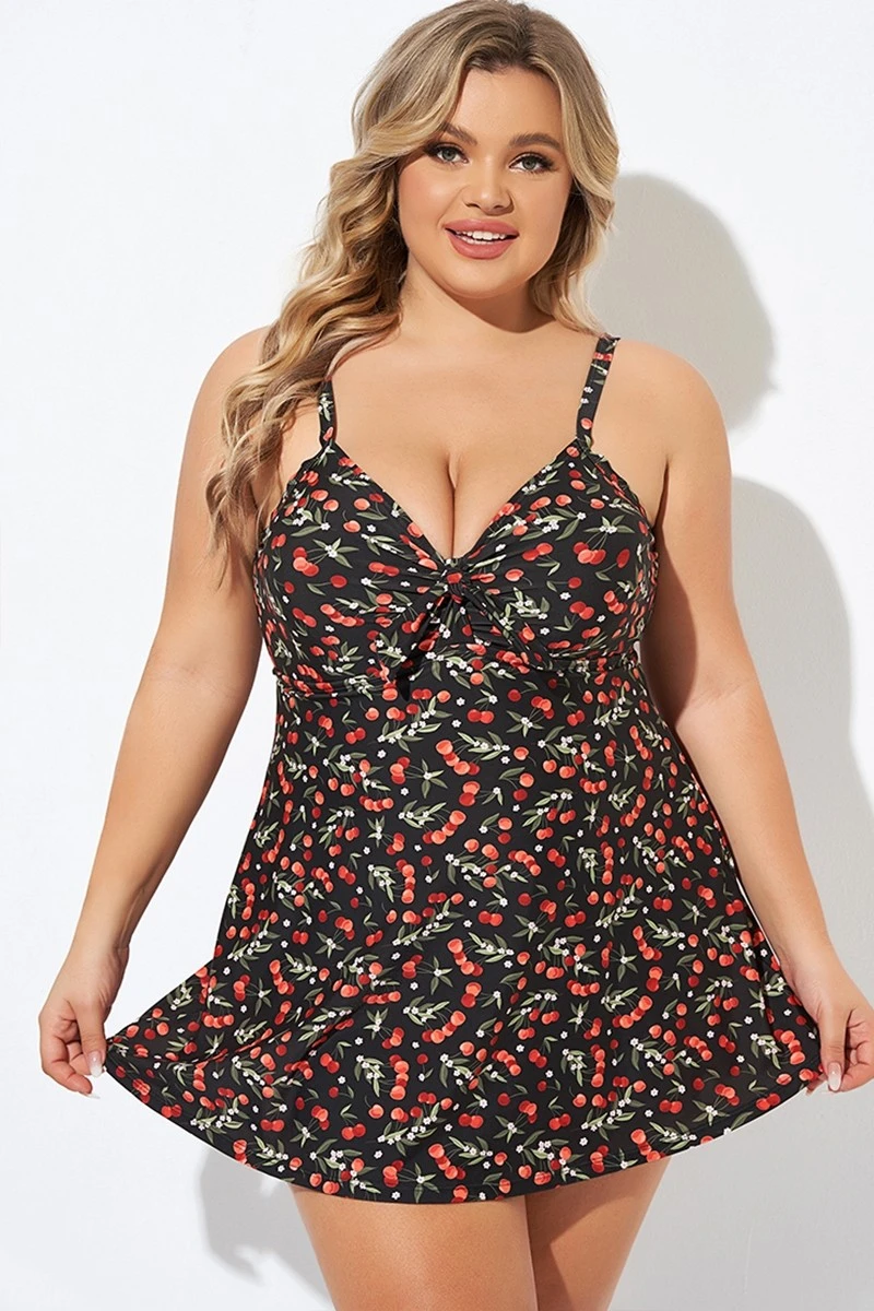 Cherry Printed Adjustable Straps V Neck Swimdress 1 Cherry Printed Adjustable Straps V Neck Swimdress