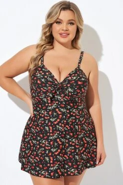Cherry Printed Adjustable Straps V Neck Swimdress 8 Cherry Printed Adjustable Straps V Neck Swimdress -Bikini By Muse b desd006009 3