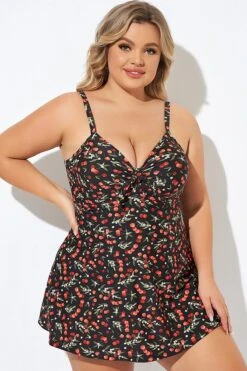 Cherry Printed Adjustable Straps V Neck Swimdress 10 Cherry Printed Adjustable Straps V Neck Swimdress -Bikini By Muse b desd006009 5