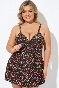 Cherry Printed Adjustable Straps V Neck Swimdress 11 Cherry Printed Adjustable Straps V Neck Swimdress -Bikini By Muse b desd006009 6