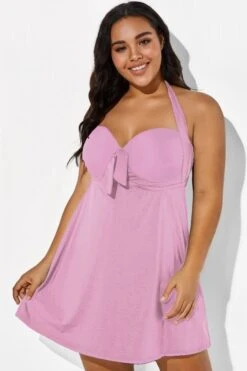 Pink Modern Self-tie Halter Straps Swimdress -Bikini By Muse b desd013003 44
