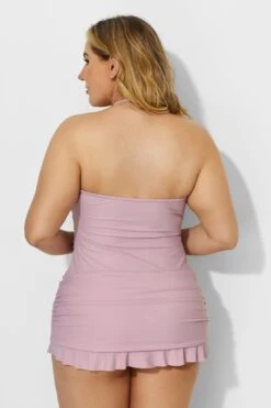 Solid Pink Fringe Ruffle Hem Bandeau Swimdress -Bikini By Muse b desd033001 3