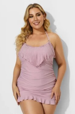 Solid Pink Fringe Ruffle Hem Bandeau Swimdress -Bikini By Muse b desd033001 4