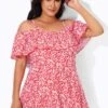 Red Floral Printed Off-the-Shoulder Swimdress