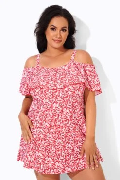Red Floral Printed Off-the-Shoulder Swimdress -Bikini By Muse b desd049001 2
