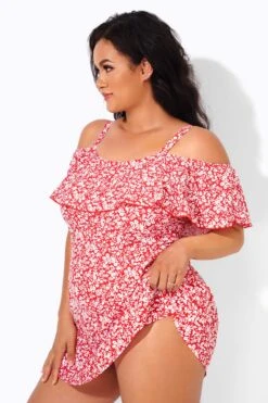 Red Floral Printed Off-the-Shoulder Swimdress -Bikini By Muse b desd049001 3
