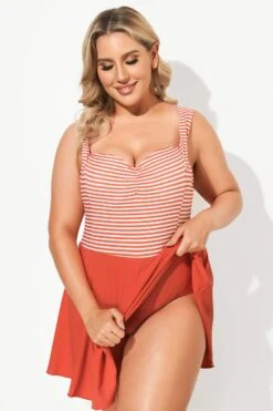 Red & White Stripe Halter Flattering Underwire Swimdress -Bikini By Muse b desd059001 2