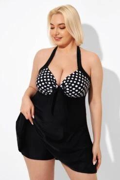 Fashion Black Dot Vintage Drawstring Closure Swimdress -Bikini By Muse b desd081001 3