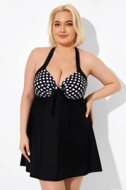 Fashion Black Dot Vintage Drawstring Closure Swimdress -Bikini By Muse b desd081001 4