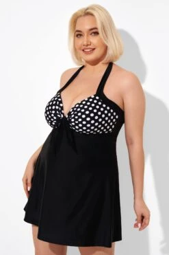 Fashion Black Dot Vintage Drawstring Closure Swimdress -Bikini By Muse b desd081001 5