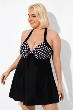 Fashion Black Dot Vintage Drawstring Closure Swimdress -Bikini By Muse b desd081001 6