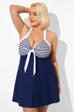 Blue Stripe Adjustable Halter Neck Swimdress