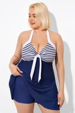 Blue Stripe Adjustable Halter Neck Swimdress -Bikini By Muse b desd081002 3