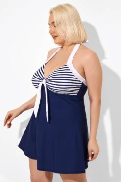 Blue Stripe Adjustable Halter Neck Swimdress -Bikini By Muse b desd081002 5