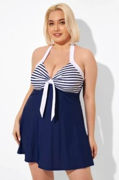 Blue Stripe Adjustable Halter Neck Swimdress -Bikini By Muse b desd081002 6