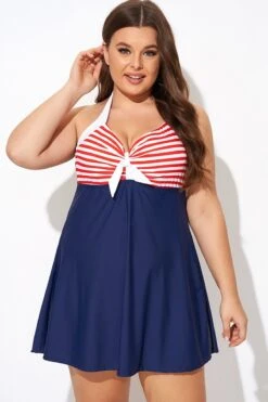 Vintage Stripe Halter Straps Women Swimdress -Bikini By Muse b desd081003 5