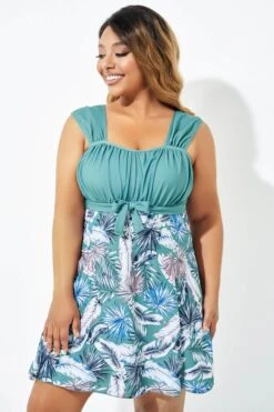 Green Leaf Print Wide Strap Knot Swimdress -Bikini By Muse b desd082001 4