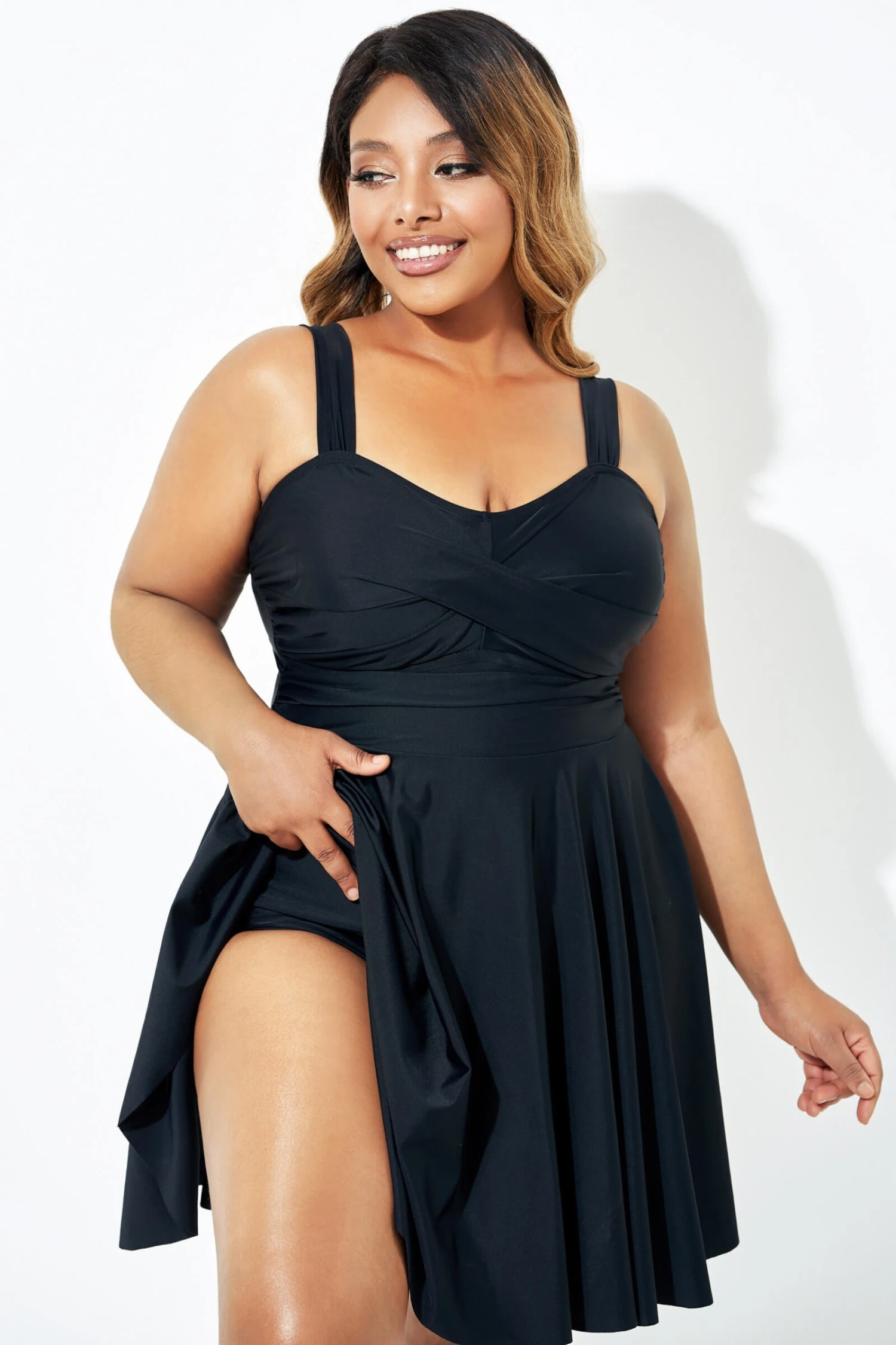 Black Adjustable Shoulder Straps Lady Flowy Swimdress 2 Black Adjustable Shoulder Straps Lady Flowy Swimdress - Image 2