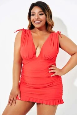 Solid Red Ruffle Adjustable Ruched Swimdress 10 Solid Red Ruffle Adjustable Ruched Swimdress -Bikini By Muse b desd087002 4 1