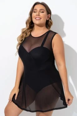 Black Mesh Underwire Hook & Eye Closure Swimdress -Bikini By Muse b desd093001 5