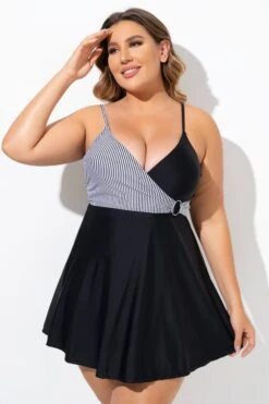 Black And White V-Neck Striped Wrap Swimdress